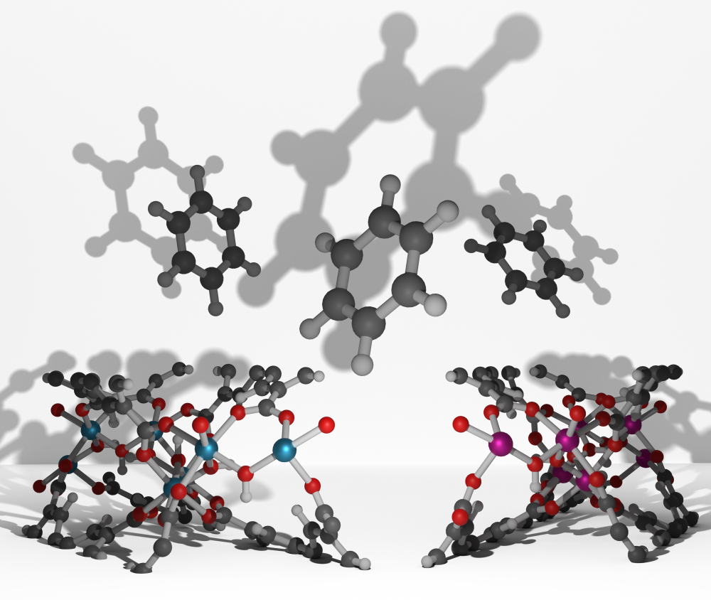 Modelo de fragmento de un MOF con moléculas de benceno